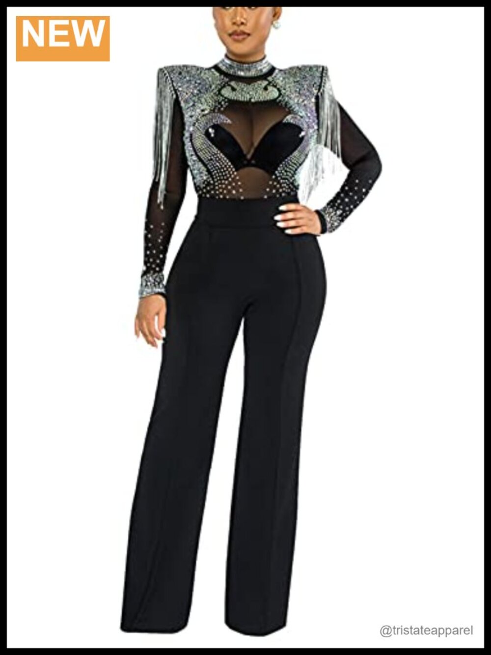 Women Sexy Jumpsuit Long Sleeve Bodycon Sheer Mesh Rhinestone One Piece